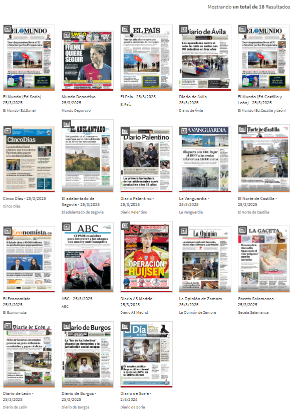 Estés donde estés, tienes la actualidad del día a golpe de #eBiblio. 
Periódicos regionales, de tirada nacional, deportivos y de economía. 
castillayleon.ebiblio.es
Solo necesitas tus credenciales de la Red de Bibliotecas de Castilla y León. 🪪