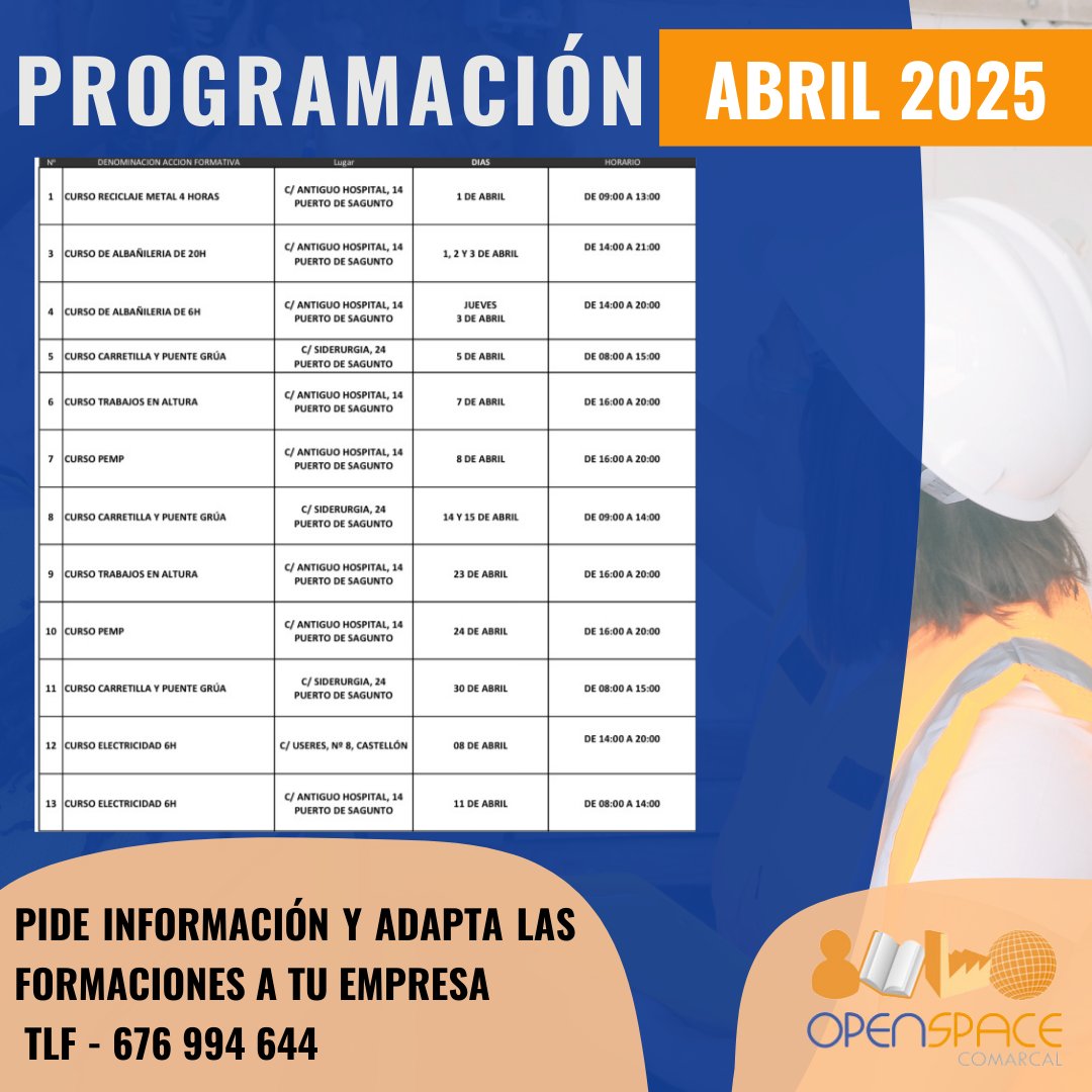 OSComarcal's tweet image. Ya puedes inscribirte a la formación que más te interese este mes de abril 👏

Diferentes cursos en Puerto de Sagunto y también el Curso de electricidad en Castellón 📍

Para más información contacta al 676 994644 📲

#openspacecomarcal #formaciónprofesional #puertosagunto