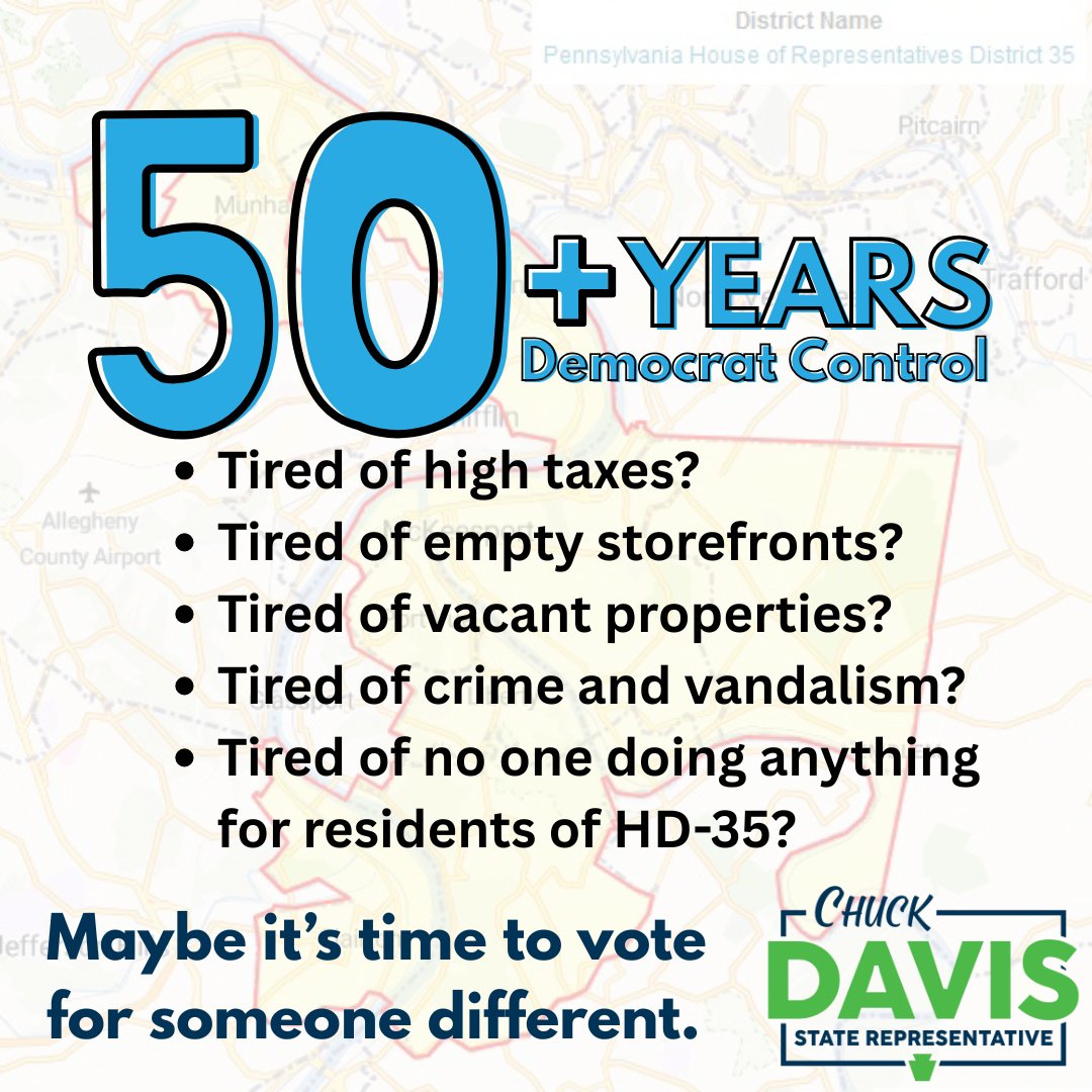 davisforhd35's tweet photo. For 50+ years, Democrats have run HD-35 - and we’ve seen rising crime, higher taxes, and families moving out.

It’s time for real change.

✅ Lower taxes
✅ More jobs
✅ Safer communities
✅ Growth in the Mon Valley

Be the change. Vote Chuck Davis today.

#DavisForHD35 #TimeForChange #MonValley #SpecialElection #YourVoteMatters