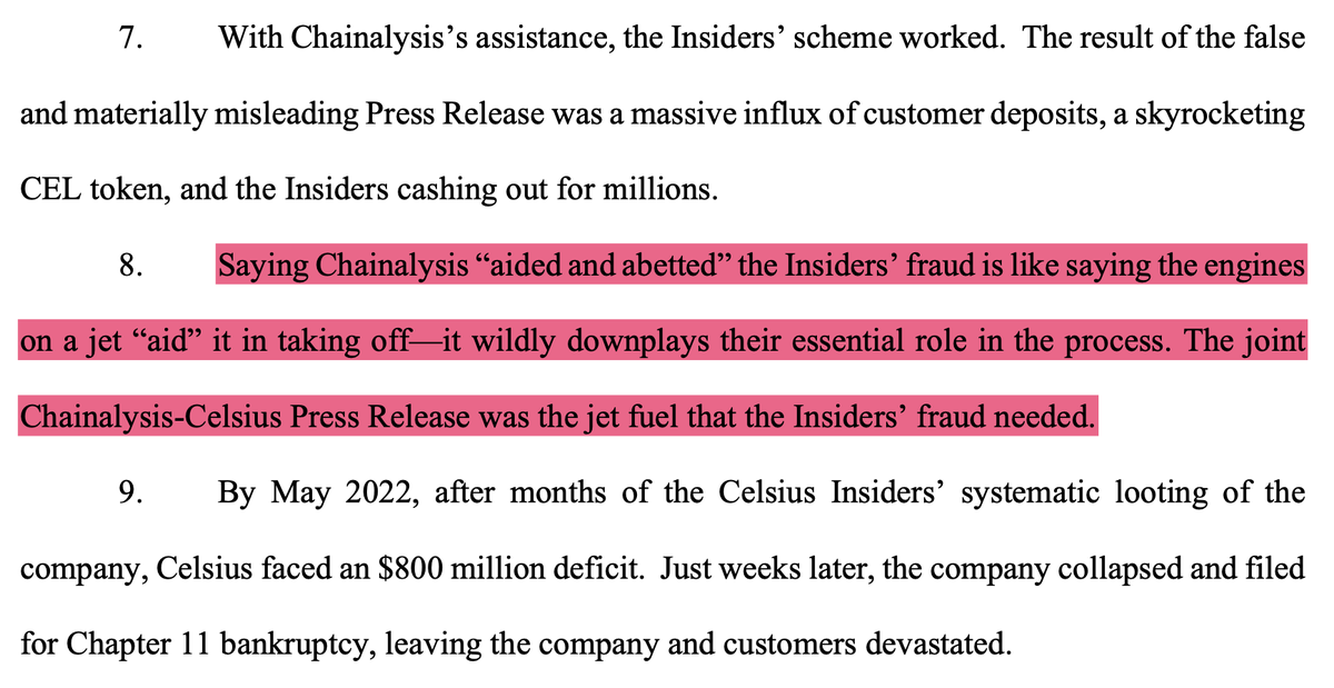 Celsius’ lawsuit against Chainalysis is absolutely wild. 

The debtors are suing the firm on a total of SIXTEEN counts for a fraudulent audit of the scam's assets under management, misleading customers and investors.

Here’s the gist of it:

Celsius was a massive Ponzi scheme in