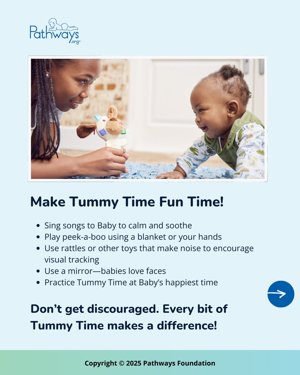 PathwaysOrg's tweet image. #TummyTime is one of Baby’s first and most important exercises! It helps build the strength needed for rolling, sitting &amp;amp; crawling. Start early and keep it up through the first year for healthy development. Get the full Tummy Time guide here: pathways.org/print/tummy-ti…