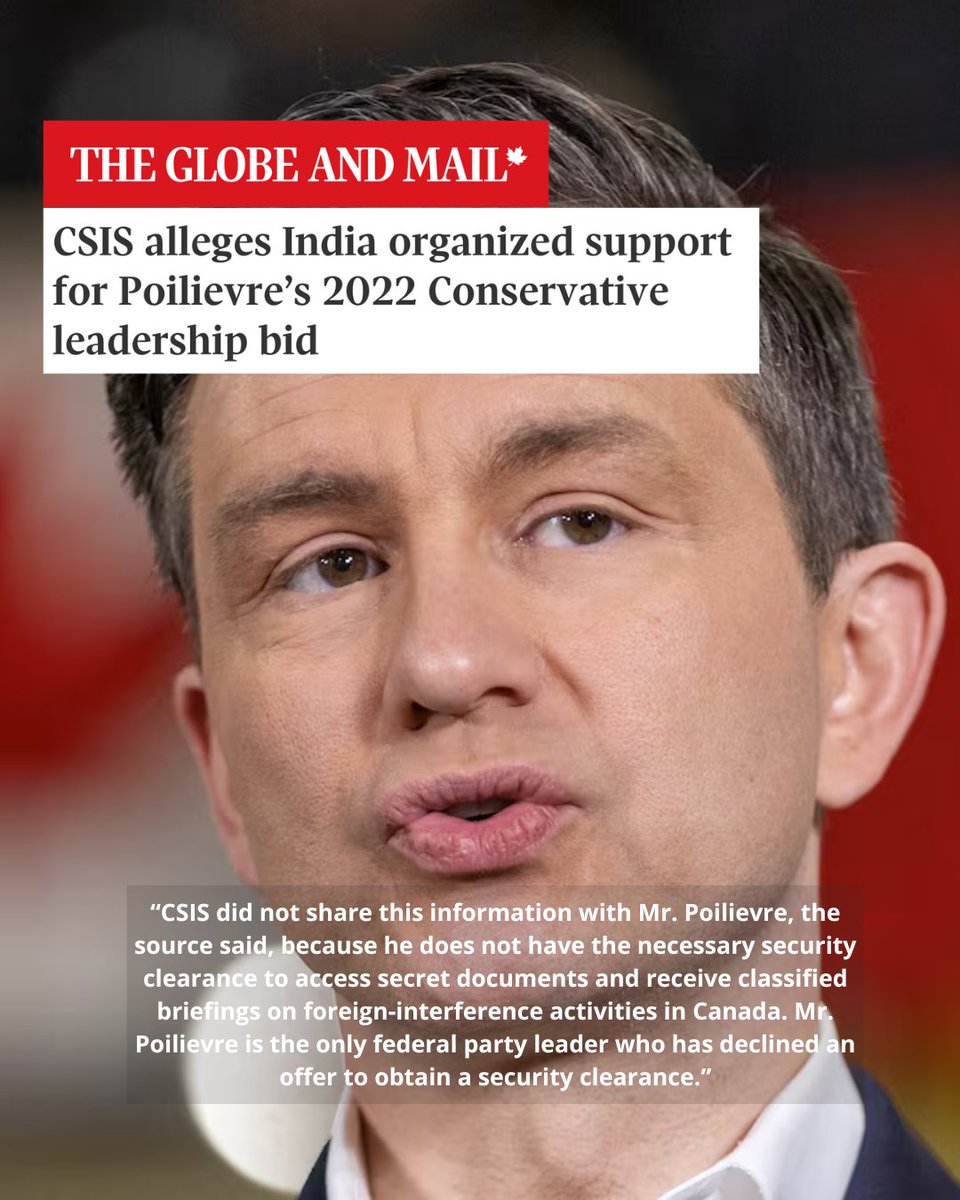 Poilievre has been refusing to obtain his security clearance for months. 

Had he obtained it, he would have known about the foreign interference that favored him during the CPC leadership race.