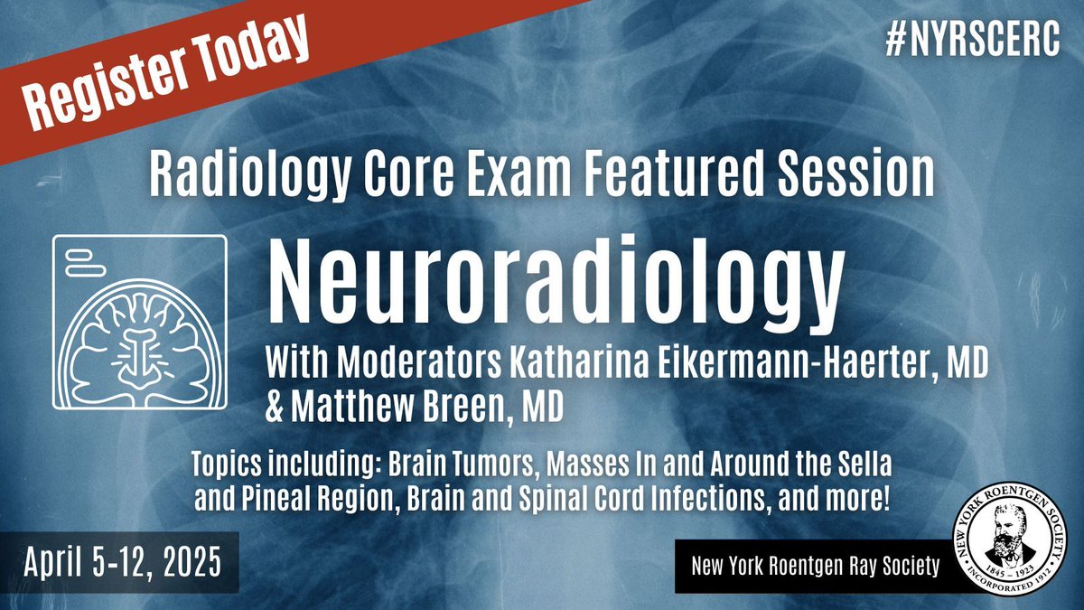 How are you preparing for the #Radiology Core Exam? Register for the #NYRSCERC 2025 Virtual Core Exam Review Course next month, April 5-12 for a high-yield, image-rich review of important topics, like Neuroradiology!

Secure Your Spot: nyrscerc.com

#nyrscerc2025 #nyrs