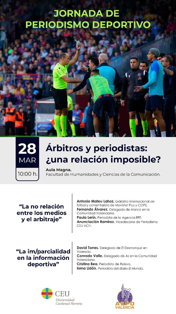 ⚽️ Mateu Lahoz debatirá sobre la relación entre los medios y el arbitraje.

👉🏼 El exárbitro y comentarista será el gran protagonista en las jornadas de Periodismo Deportivo organizadas por la AEPD Valencia y la Universidad CEU Cardenal Herrera. 

🗓 Viernes 28 de marzo, 10 horas.