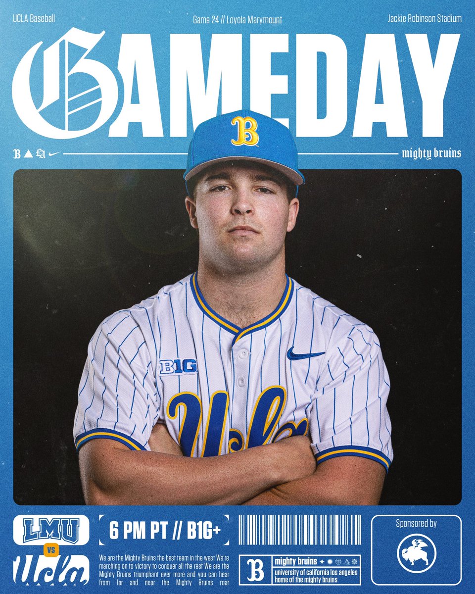 UCLA Baseball (@uclabaseball) on Twitter photo Midweek action.
๐| <a href="/lmulionsBSB/">LMU Baseball</a>
๐| Jackie Robinson Stadium
โฐ| 6 PM PT
๐บ| B1G+
๐ฅ๏ธ| bit.ly/4ccvgpm
๐| uclalivestats.com
#GoBruins Midweek action.
๐| <a href="/lmulionsBSB/">LMU Baseball</a>
๐| Jackie Robinson Stadium
โฐ| 6 PM PT
๐บ| B1G+
๐ฅ๏ธ| bit.ly/4ccvgpm
๐| uclalivestats.com
#GoBruins