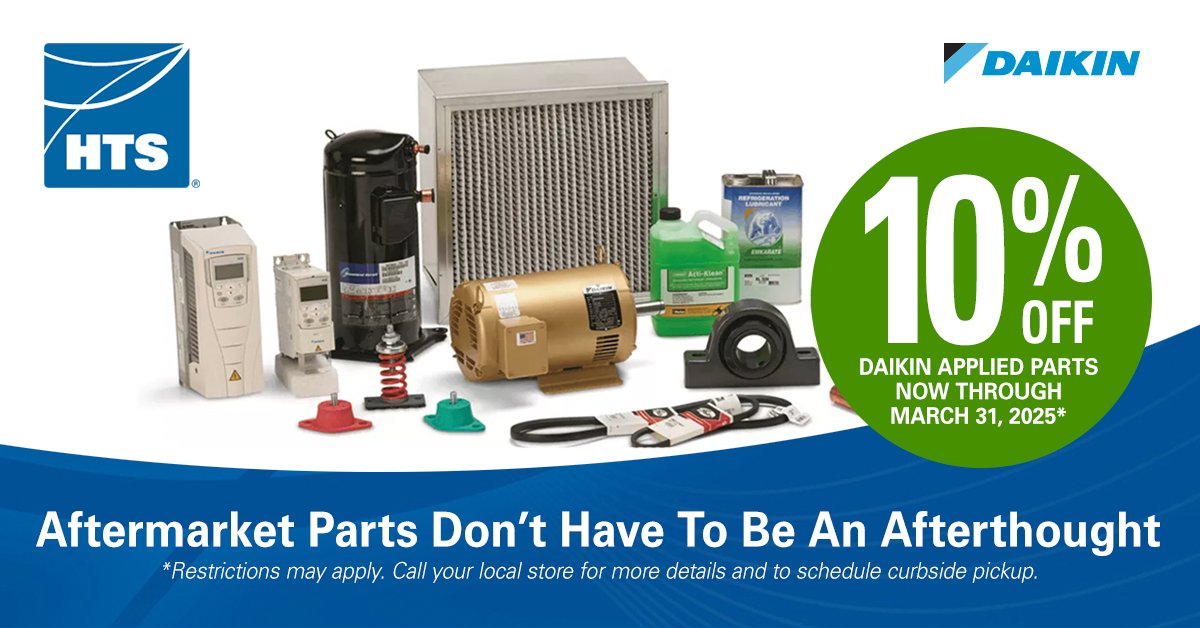 HTS_Engineering's tweet image. TEXAS: Don’t miss your chance to save an extra 10% on all Daikin Applied parts—now through March 31, 2025! Be prepared for anything by stocking up today. Aftermarket parts don’t have to be an afterthought. Visit us online at hubs.la/Q03djy-70 to learn more!