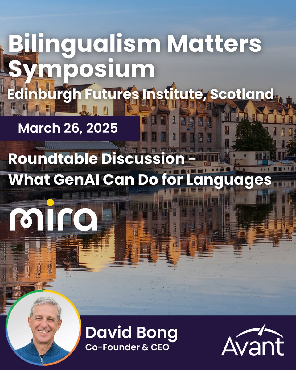 Avant Assessment (@avantassessment) on Twitter photo Avant is joining a March 26 roundtable discussion at the Edinburgh Futures Institute on GenAI in language learning. Avant CEO David Bong will present on how AI is being integrated into our work and highlight some of Mira’s key features.
#BMS2025 <a href="/BilingMatters/">Bilingualism Matters</a> <a href="/theglobalseal/">Global Seal of Biliteracy</a> Avant is joining a March 26 roundtable discussion at the Edinburgh Futures Institute on GenAI in language learning. Avant CEO David Bong will present on how AI is being integrated into our work and highlight some of Mira’s key features.
#BMS2025 <a href="/BilingMatters/">Bilingualism Matters</a> <a href="/theglobalseal/">Global Seal of Biliteracy</a>