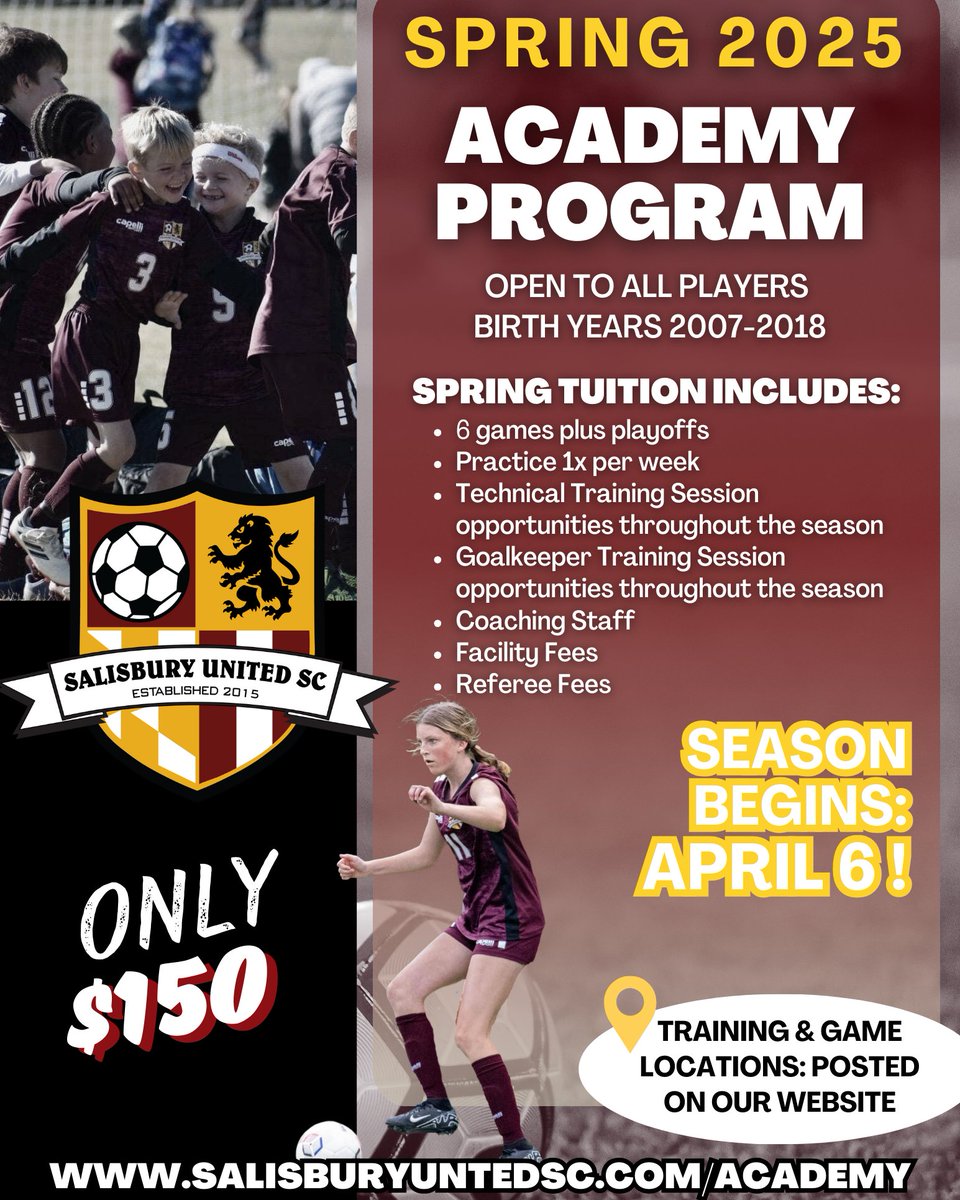 SalisburySc's tweet photo. ⏰ The countdown is ON! Spring Academy kicks off April 6!
This is your LAST CHANCE to register!

⚽ All players welcome (2007–2018)
💵 Only $150 per player
🎯 Don’t miss out: https://t.co/tIZEv510Sl https://t.co/r2v336x7BX