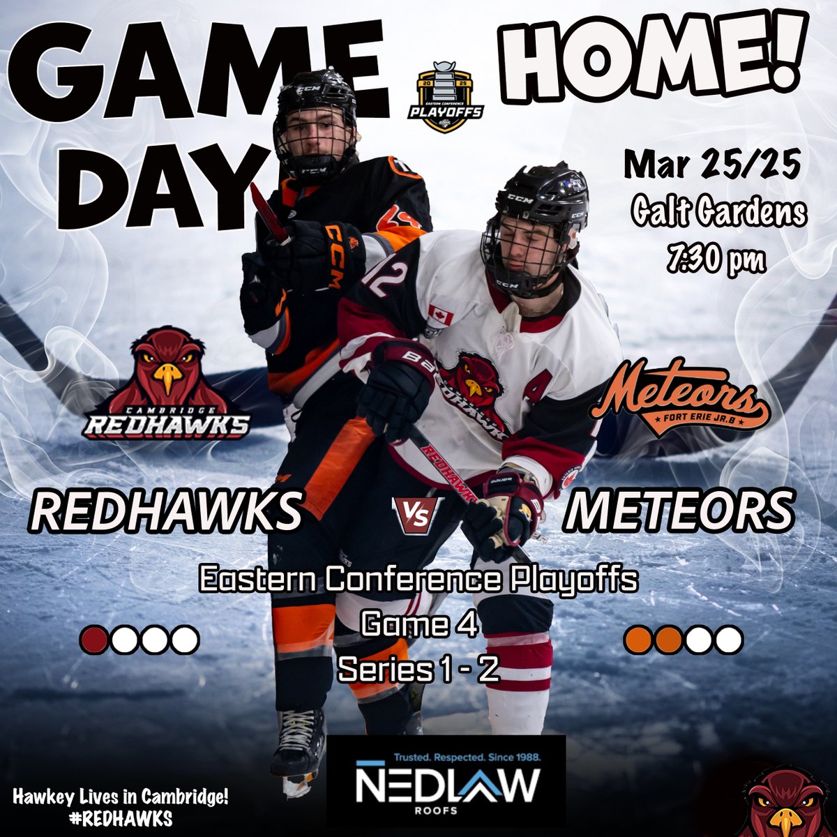 RedHawksjrhc's tweet photo. 🔥 IT'S GAME DAY! 🔥
Tonight, your Redhawks are back at home to take on the @fe.meteors in Game 4 of the Eastern Conference Quarter-Finals! 🏒💥
📍 Galt Gardens
⏰ Puck Drop: 7:30 PM
Sponsor: @nedlawroofs
Don't forget tonight's Grand Opening of @brownssocialize on Hespeler Road. https://t.co/aEpGmkSkCN
