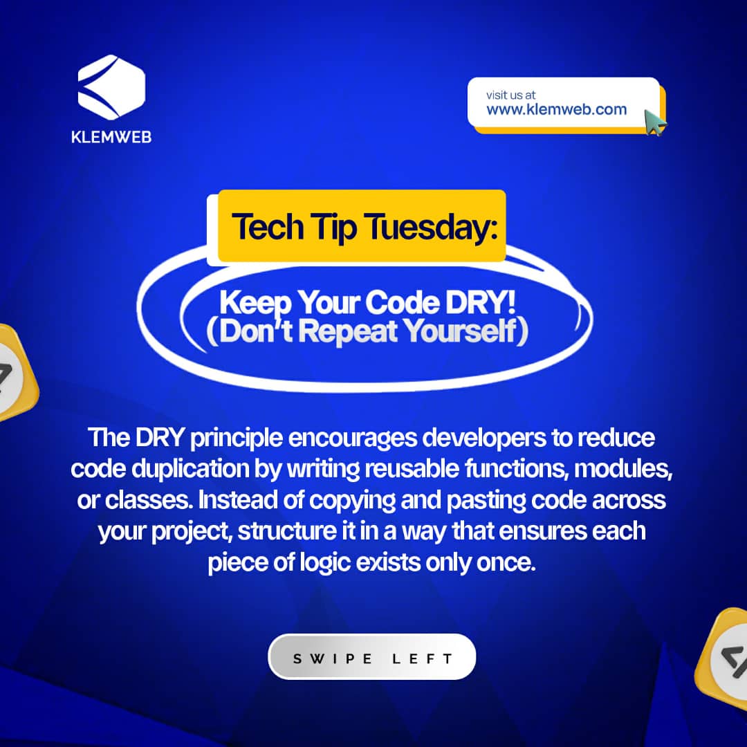 klemweb's tweet image. 🛠️ Pro Tip: If you find yourself copying and pasting code more than twice, it’s a sign that you should refactor and apply the DRY principle.

Master the art of clean coding, your future self (and teammates) will thank you!

#TechTip #SoftwareDevelopment #CleanCode #CodingTips