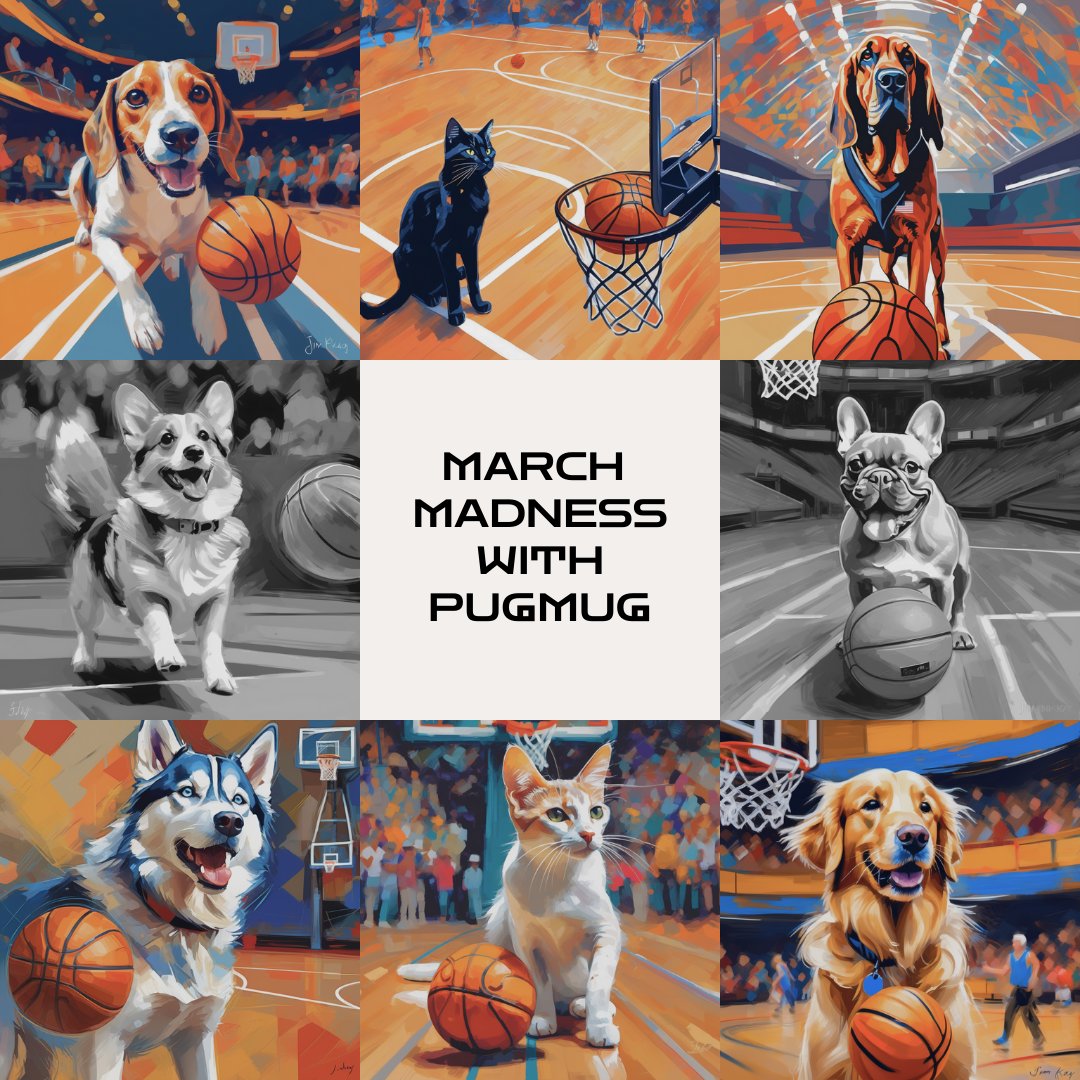 pugmugai's tweet photo. It's March Madness season! Make a slam dunk with your pets by sharing their basketball-themed PugMug art 🏀

https://t.co/9kfYDhLXg3

#pugmugai #marchmadness #basketballpets #marchmadnessart https://t.co/k5bPjb7xji