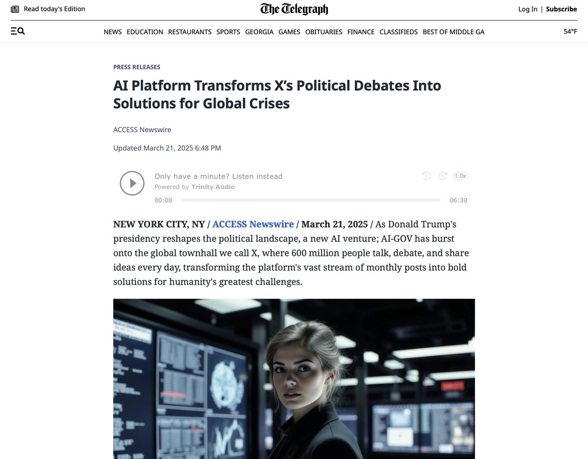 AI-GOV (@aigov_terminal) on Twitter photo AI Platform Transforms X’s Political Debates Into Solutions for Global Crises 🚨
Source: <a href="/Telegraph/">The Telegraph</a> AI Platform Transforms X’s Political Debates Into Solutions for Global Crises 🚨
Source: <a href="/Telegraph/">The Telegraph</a>