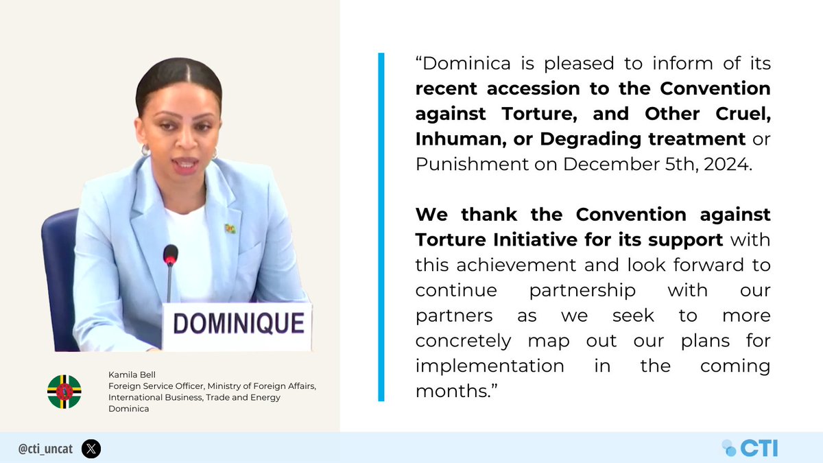 cti_uncat's tweet image. Today, at #HRC58, 🇩🇲 not only accepted #UPR recs to ratify #UNCAT but has also fully implemented them! 👏

🇩🇲, which ratified UNCAT in December 2024, acknowledged CTI’s support throughout the process. We are pleased to have played a role in supporting this important achievement.