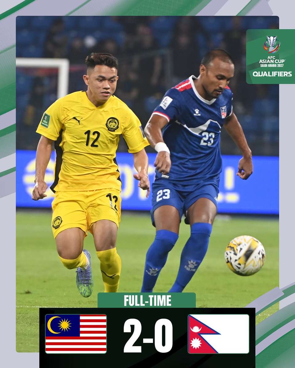 afcasiancup's tweet photo. FT | 🇲🇾 Malaysia 2️⃣-0️⃣ Nepal 🇳🇵

Harimau Malaya leap towards the win in Johor!

#ACQ2027 | #MASvNEP https://t.co/p2j6QZLPtq