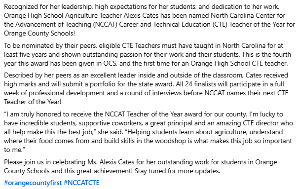 OrangeCoSchools's tweet image. Congratulations Alexis Cates, @OrangeHS_NC #AgSci teacher &amp;amp; @ohs_ncffa Advisor, this year's @NCCATNews #CTE Teacher of the Year for Orange County Schools! @NcacteE @NationalFFA @NCFFA #OrangeCountyFirst @OCSCTE @CTEforNC