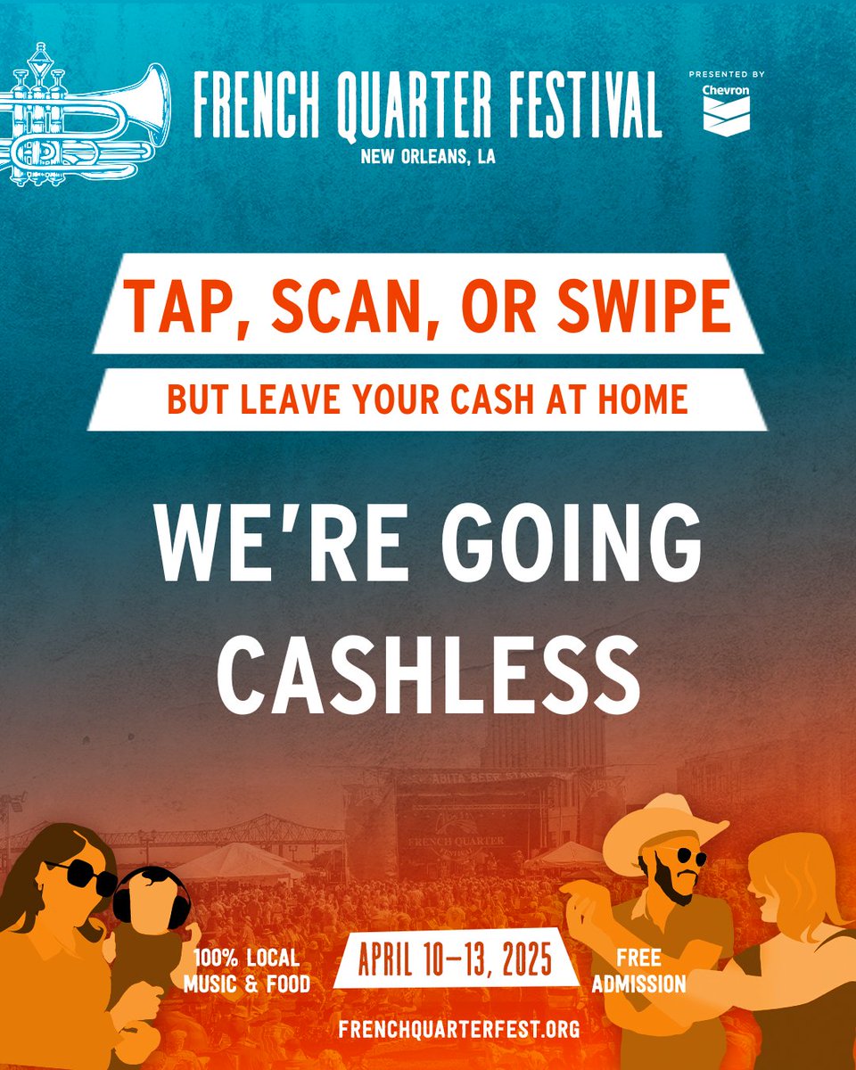 FQFestNOLA's tweet image. French Quarter Fest is going CASHLESS!
This year, all festival purchases—food, drinks, and merch—will be made using credit, debit, or mobile payments. Need cash? Visit the cash exchange station on-site!
Get ready to tap, swipe & enjoy! #FrenchQuarterFest #CashlessFest #FQFest25