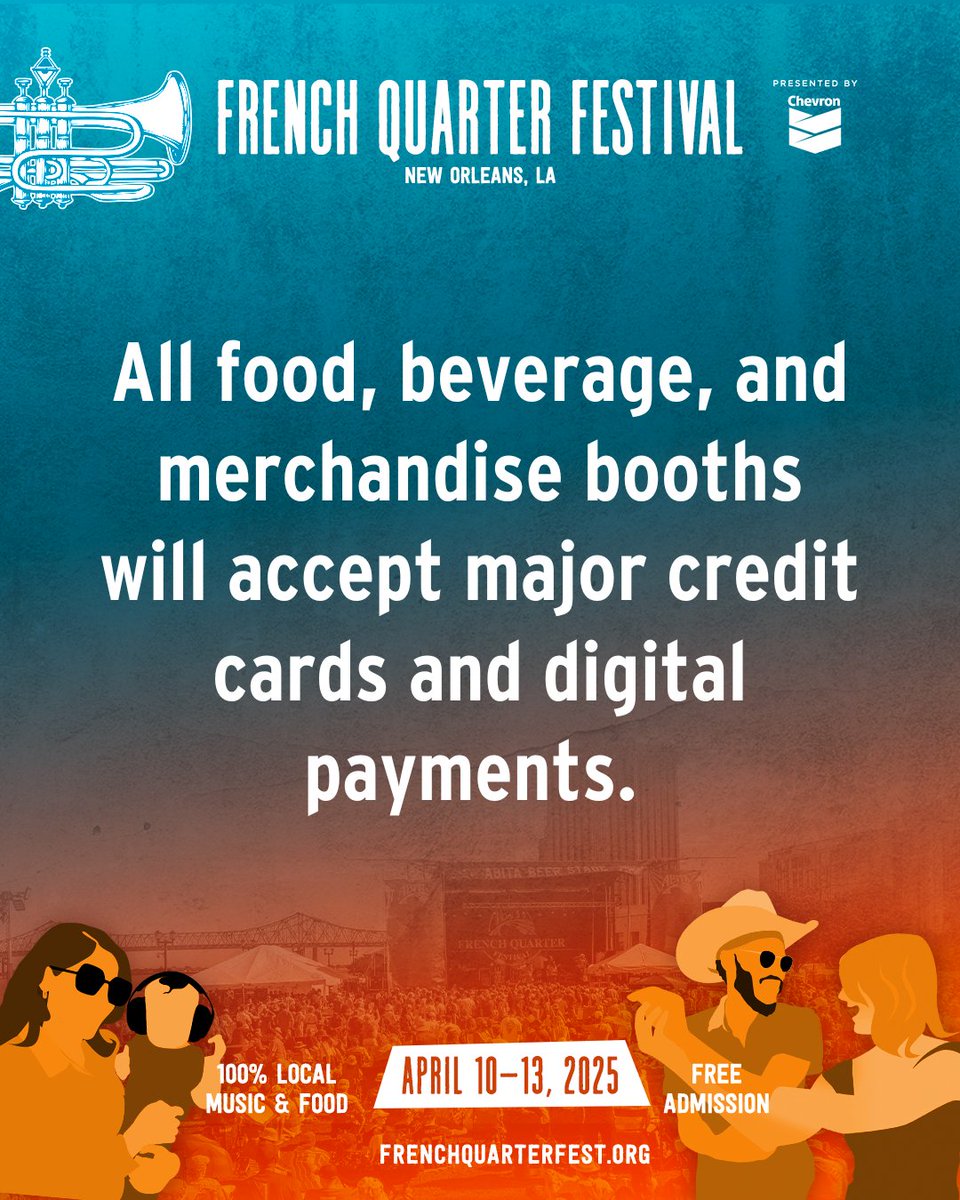 FQFestNOLA's tweet image. French Quarter Fest is going CASHLESS!
This year, all festival purchases—food, drinks, and merch—will be made using credit, debit, or mobile payments. Need cash? Visit the cash exchange station on-site!
Get ready to tap, swipe & enjoy! #FrenchQuarterFest #CashlessFest #FQFest25