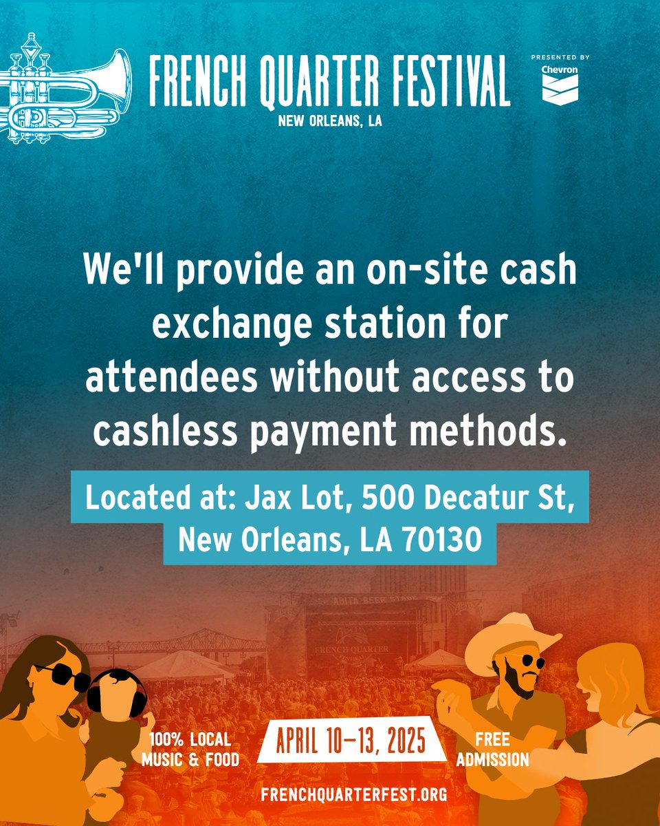 FQFestNOLA's tweet image. French Quarter Fest is going CASHLESS!
This year, all festival purchases—food, drinks, and merch—will be made using credit, debit, or mobile payments. Need cash? Visit the cash exchange station on-site!
Get ready to tap, swipe & enjoy! #FrenchQuarterFest #CashlessFest #FQFest25