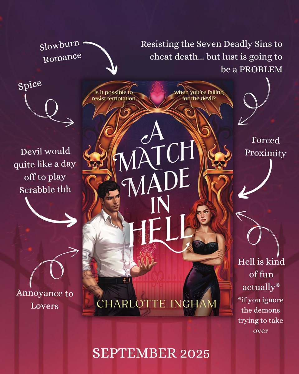 Charlotte Ingham (find me on 🦋📸) (@writesalotte) on Twitter photo It's hereeeeeeeeeee! 😍 So thrilled to share the UK cover for A Match Made in Hell releasing this September with <a href="/HotKeyBooks/">Hot Key Books ✨📚</a>
Romantasy readers if you head over to the 📸 app there's even a giveaway going on to win a proof copy👀 It's hereeeeeeeeeee! 😍 So thrilled to share the UK cover for A Match Made in Hell releasing this September with <a href="/HotKeyBooks/">Hot Key Books ✨📚</a>
Romantasy readers if you head over to the 📸 app there's even a giveaway going on to win a proof copy👀