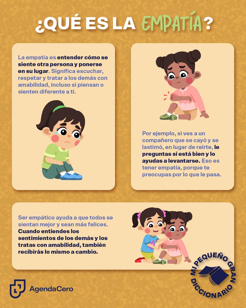 agendacero's tweet photo. Fomentar la empatía en la infancia les permite conectar mejor con los demás, comprender sus emociones y actuar con respeto. 💙🌱 Es importante enseñarles a ser sensibles y compasivos desde pequeños. 🤝✨

#Empatía #PequeñoGranDiccionario #EducaciónEmocional https://t.co/sEX9msHMDY