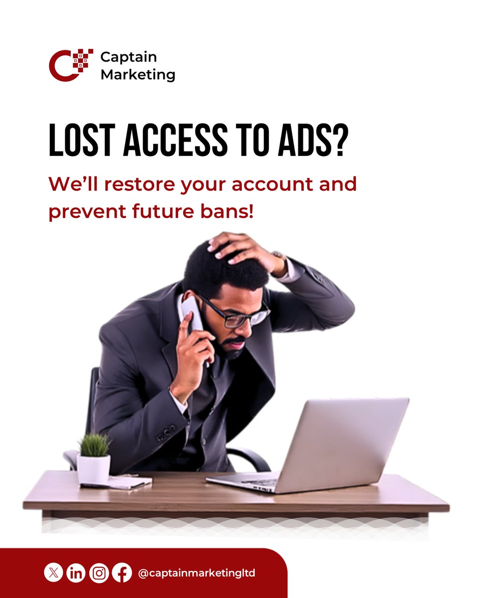 captnmarketing's tweet photo. Don’t stress! At *Captain Marketing Ltd.*, we specialize in restoring your account access and preventing future bans. 

📩 DM us today for fast support and peace of mind!

#AdAccountRecovery #DigitalMarketing #AdsSupport #BusinessSolutions #CaptainMarketingLtd https://t.co/tl56bC2M1P
