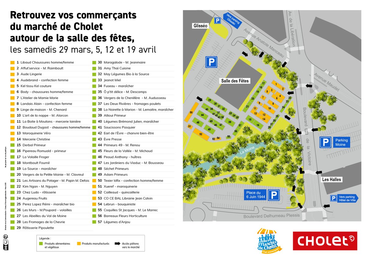 Les travaux d'entretien de la place du 8-Mai-1945 ont débuté.
🙌 Pendant les travaux, Les Halles restent ouvertes
➡️ Les samedis 29 mars, 5, 12 et 19 avril, le marché extérieur est déplacé sur le parking de la Salle des Fêtes.
Plus d'infos 👉 cholet.fr/dossiers/dossi…