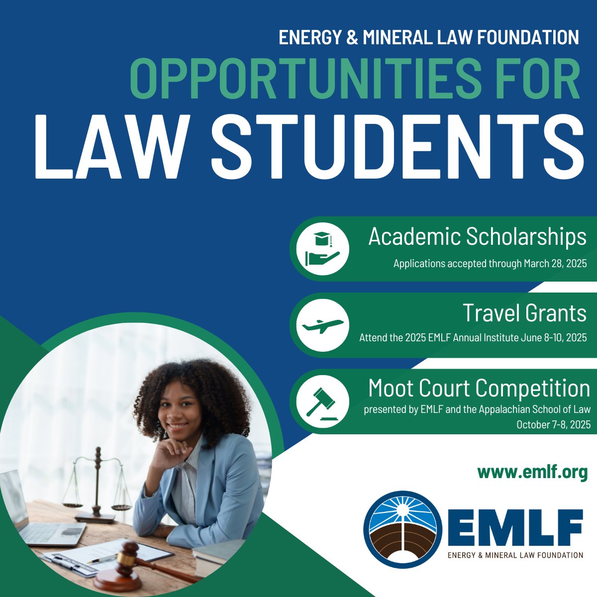 Check out EMLF's opportunities for Law Students! ⚖️📚 Visit: ow.ly/BK7I50VaFt8 #Scholarships #EMLF25 #EnergyLaw #EMLFOpportunities