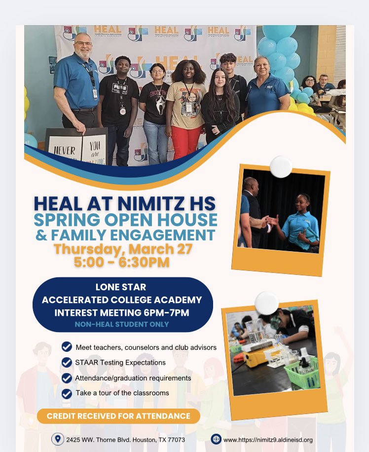 Spring Open House &amp; Family Engagement Night. 
#AldineImpact
<a href="/memorialhermann/">Memorial Hermann</a> 
<a href="/AldineISD/">Aldine ISD</a>