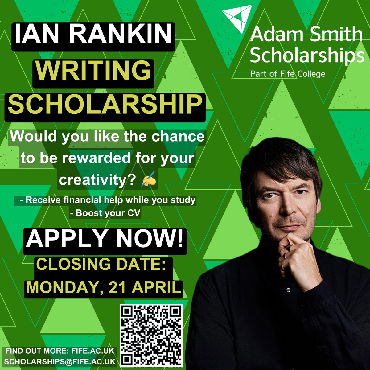 ScholarshipsAS's tweet photo. 📣 Calling all @fifecollege students! Applications are now open for our fantastic Ian Rankin Writing Scholarship 📚 @Beathhigh 
#scholarships #transforminglives 

👉🏻  https://t.co/sqAlWpadq8 https://t.co/WRu0K54COX