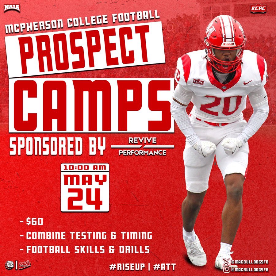 Coach Pisik (@joshpisik) on Twitter photo Mark your calendars for May! <a href="/MACBulldogsFB/">McPherson Football</a> is hosting a prospect camp on May 24th! Come get this work and be evaluated by our staff to start off the summer! #ATT
recruit.mcpherson.edu/register/FB_pr… Mark your calendars for May! <a href="/MACBulldogsFB/">McPherson Football</a> is hosting a prospect camp on May 24th! Come get this work and be evaluated by our staff to start off the summer! #ATT
recruit.mcpherson.edu/register/FB_pr…