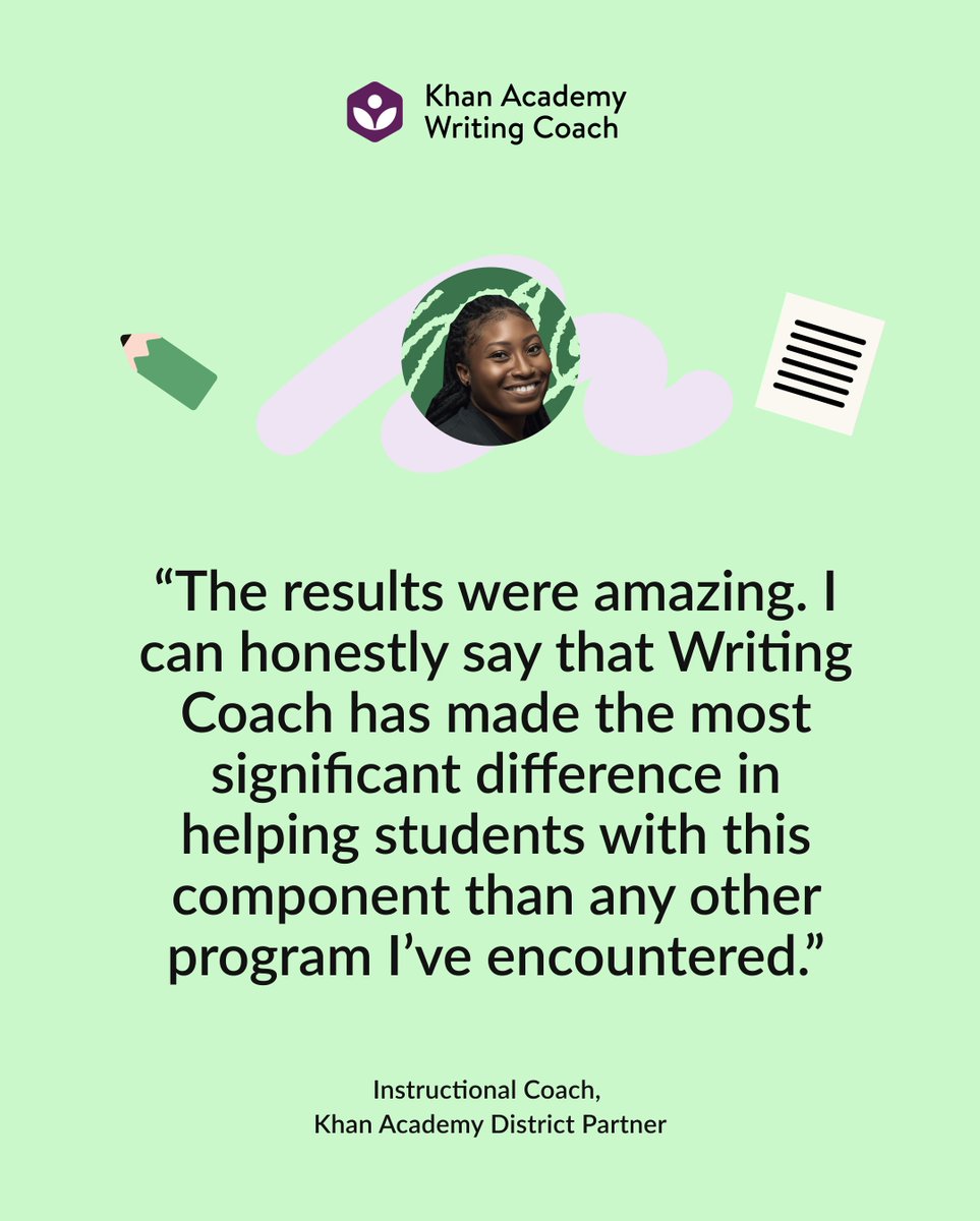 Real results. Real impact. An educator using Khan Academy Writing Coach for IB essay prep had this to say about the tool 👇

Teachers, try it FREE! brnw.ch/21wRz6D
✅ AI-driven feedback 
✅ More writing practice
✅ Easy progress tracking✅ Safe &amp; transparent interactions