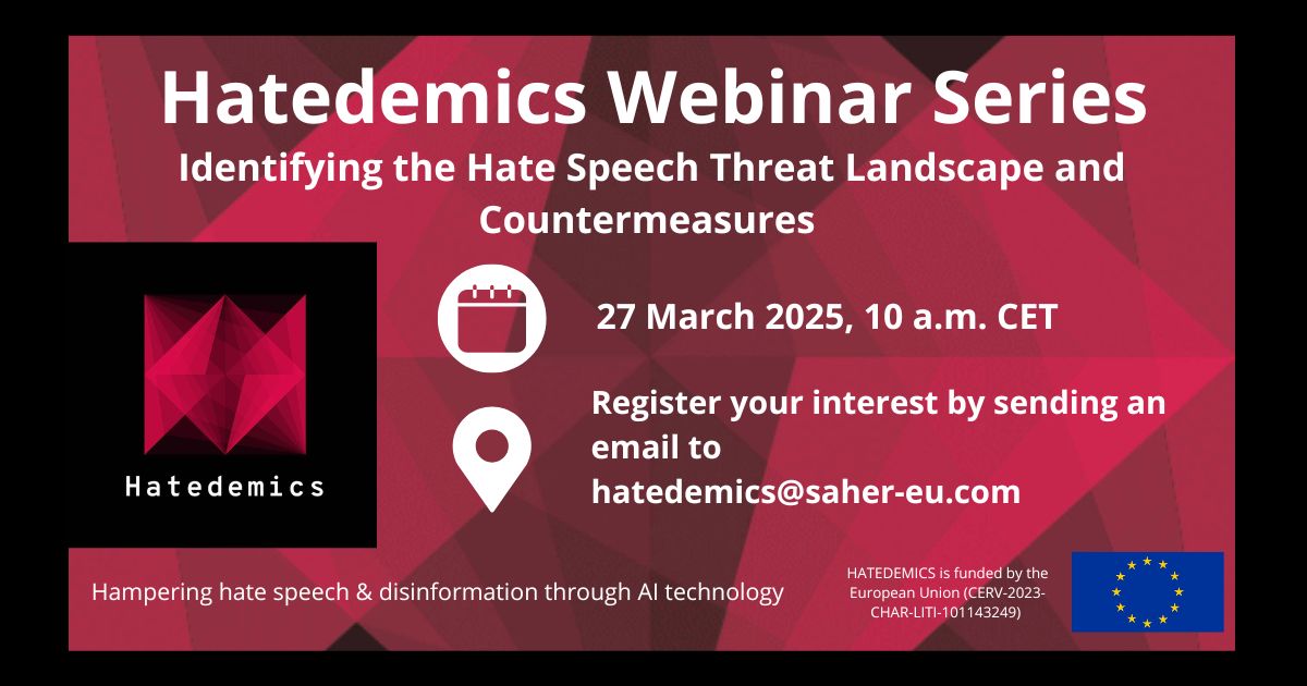 CEAndaluces's tweet image. 🆕Webinar #Hatedemics

Identifying the hate Speech Threat Landscape and Countermeasures

Join experts from #academia #lawenforcement and #media to explore the evolving #threat of #hatespeech and discover innovative solutions 
📅27th March 2025
🕙10am (CET)
centrodeestudiosandaluces.es/en/noticias/we…