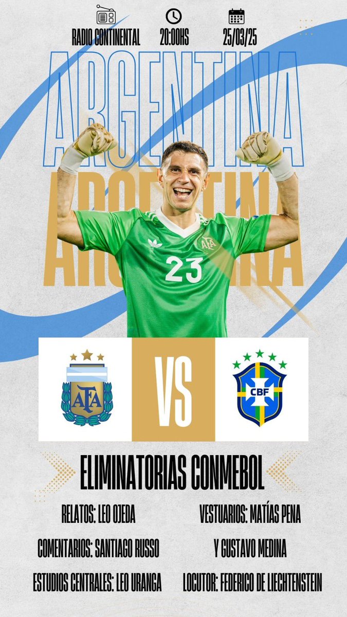 Esta noche, desde las 20h,  tenemos por delante un clásico imperdible en <a href="/Continental590/">Radio Continental AM 590</a> (AM 590)

#Argentina 🇦🇷 vs #Brasil 🇧🇷 

Relata: <a href="/ldojeda/">Leonardo Ojeda</a> 
Comenta: <a href="/SantiRusso/">Santiago Russo</a> 
CdJ: <a href="/GusMedina9/">Gustavo Medina</a> - <a href="/MatiPena/">Matias Pena</a> 
EC: <a href="/LeoUrangaok/">LeoUrangaok</a> 
LC: <a href="/fede_locutor/">Fede de Liechtenstein📻📺🎧🎤</a> 

💻 continental.com.ar