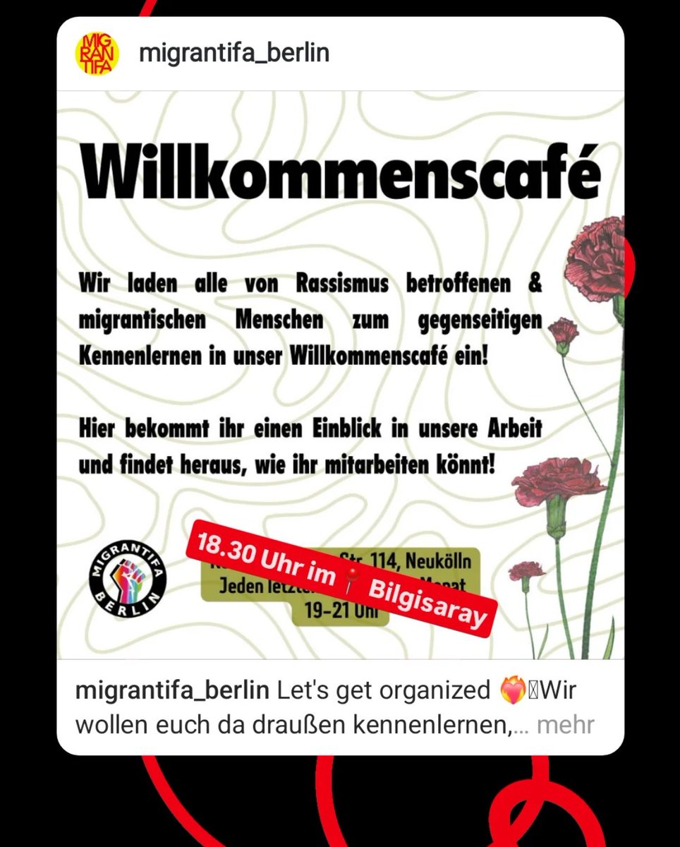🚨Achtung🚨
Unser Willkommenscafé findet diesen Monat an einem anderen Ort statt! Wir treffen uns um 18:30 in Kreuzberg am Bilgisaray und gehen anschließend gemeinsam auf das Camp am Oplatz❤️‍🔥