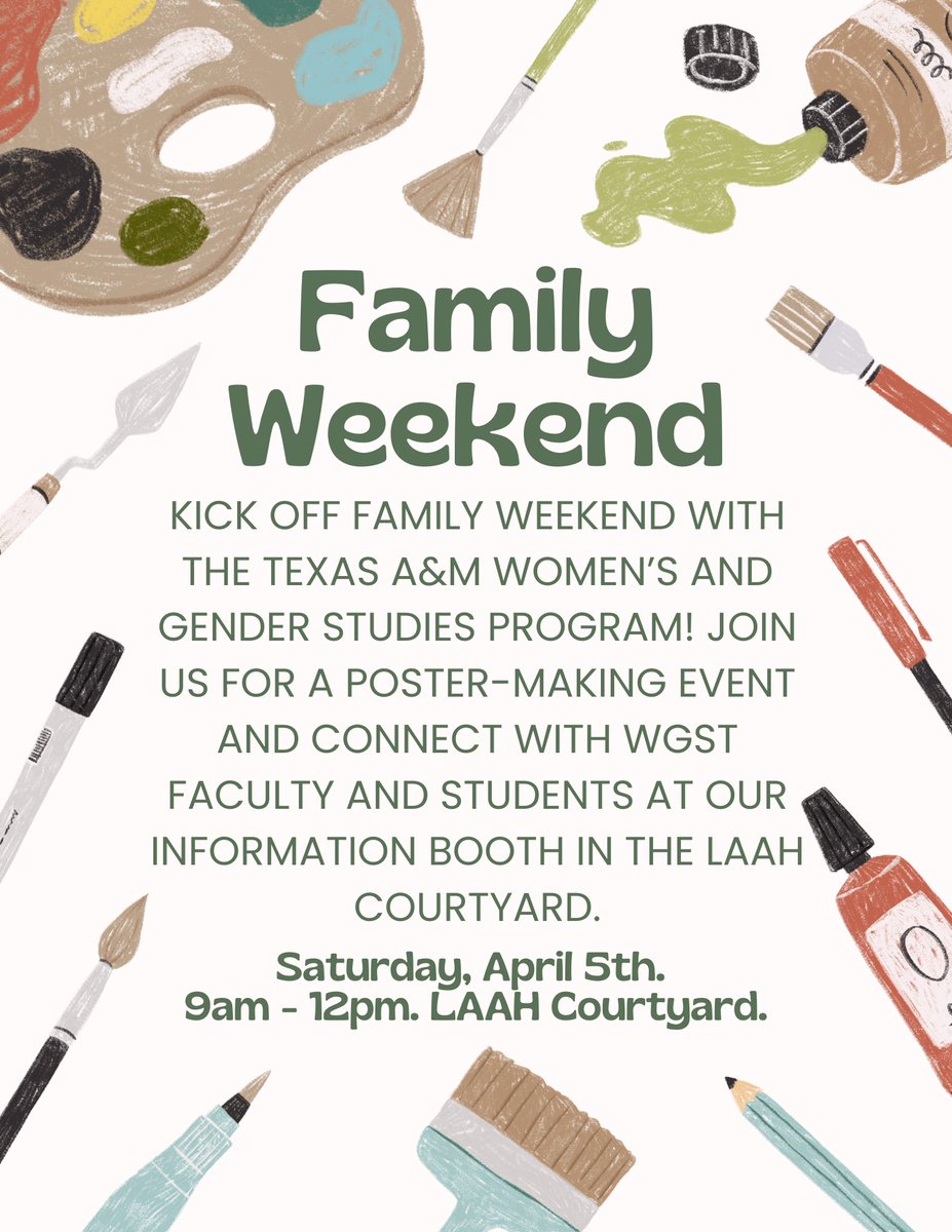Please join us Saturday, April 5th for Family Weekend! We will be hosting a poster-making event in the LAAH courtyard from 9am-12pm. See you there!