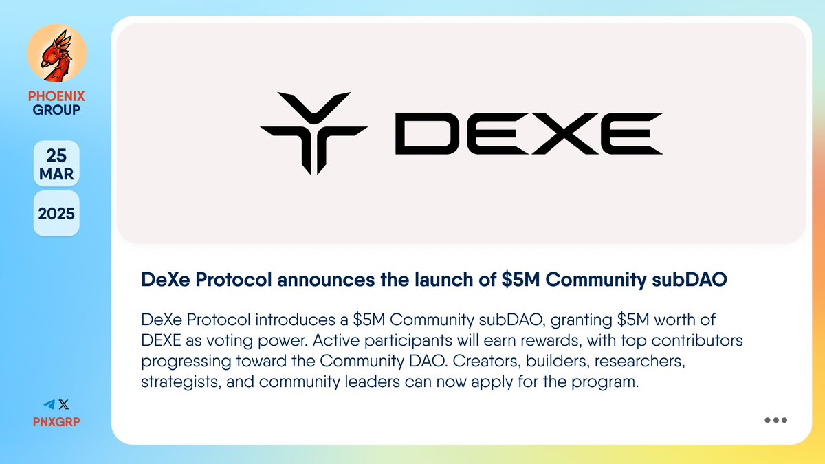 🚀 @DeXeNetwork announces the launch of $5M Community subDAO #DeXeProtocol  introduces a $5M Community #subDAO, granting $5M worth of $DEXE as voting  power. Active participants will earn rewards, with top contributors  progressing