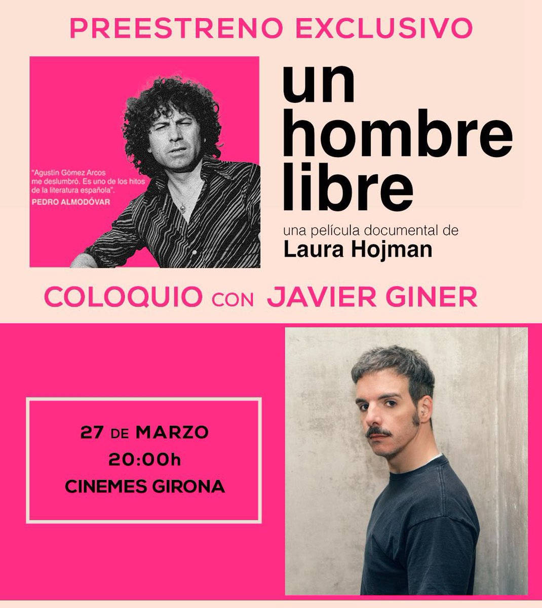 Cinemes Girona BCN (@cinemes_girona) on Twitter photo Preestrena del documental UN HOMBRE LIBRE, sobre la figura de l’escriptor Agustín Gómez Arcos. <a href="/SurtseyFilms/">Surtsey Films</a> <a href="/j_giner/">Javier Giner 🏳️🌈</a>
cinemesgirona.cat/un-hombre-libre Preestrena del documental UN HOMBRE LIBRE, sobre la figura de l’escriptor Agustín Gómez Arcos. <a href="/SurtseyFilms/">Surtsey Films</a> <a href="/j_giner/">Javier Giner 🏳️🌈</a>
cinemesgirona.cat/un-hombre-libre