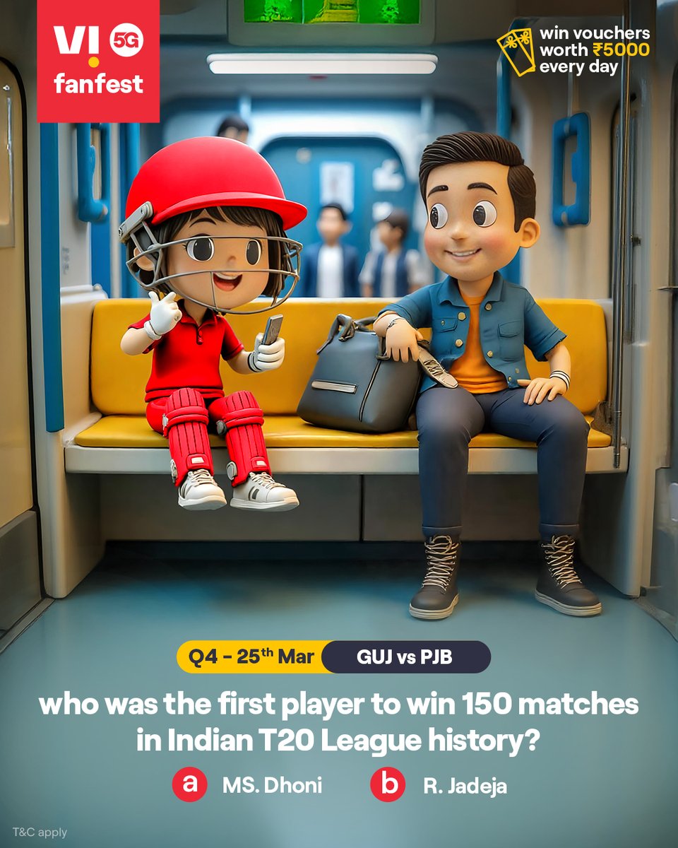 ViCustomerCare's tweet photo. Cricky is testing your cricket IQ 🏏💡
Comment #Vi5Gfanfest with the right answers to all 5 questions today and stand a chance to win vouchers worth ₹5,000 🎟️✨🏆
.
.
#ChallengeAlert #WinPrizes #Quiz #ParticipateAndWin #GUJvsPJB #Gujarat #Punjab https://t.co/lQioeXyEIX