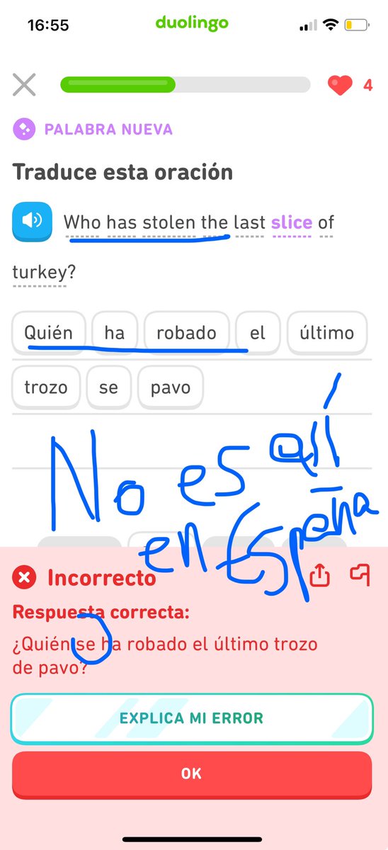 MaryMoon93's tweet photo. @duolingoespanol @duolingo
En España ese guácala sería “qué asco!). Pero Duolingo no da opción de ponerlo siquiera. 

En la siguiente lección llegó otra. Adjunto pantallazo. El español se habla de muchas maneras, pero que te den error cuando es más que correcto? Sigue ⬇️ https://t.co/m8XF6HbDDS