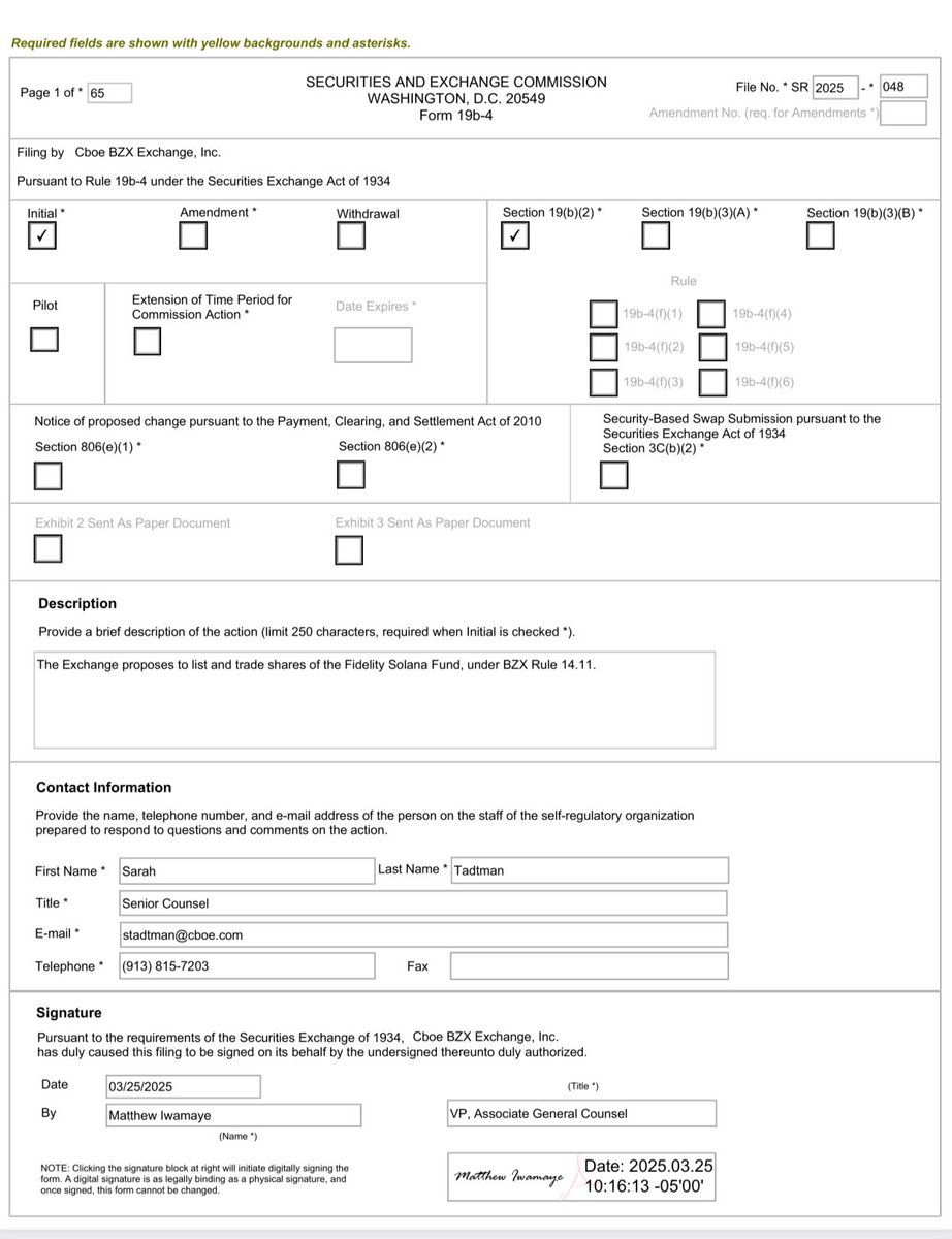 🚨NEW: @CBOE has just filed a 19b-4 on behalf of @Fidelity for a spot $SOL  ETP called “Fidelity Solana Fund.”