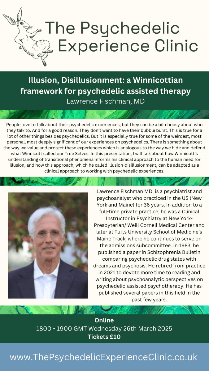 The Psychedelic Experience Clinic (@psychexpclinic) on Twitter photo There’s still time to get your ticket for Larry Fischman MD on Illusion, Disillusionment a Winnicottian Framework for Psychedelic Assisted Therapy taking place *online tomorrow* Wednesday 26th of March at 1800 tickets are £10
eventbrite.com/e/126161779578… There’s still time to get your ticket for Larry Fischman MD on Illusion, Disillusionment a Winnicottian Framework for Psychedelic Assisted Therapy taking place *online tomorrow* Wednesday 26th of March at 1800 tickets are £10
eventbrite.com/e/126161779578…