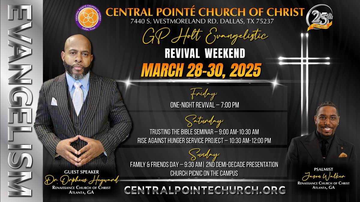 CP_CoC's tweet image. 🔥 THIS WEEKEND – GP Holt Evangelistic Revival! 🔥

March 28-30th

🙌🏽 Worship, Growth &amp;amp; Service!

Fri: One-Night Revival (7 PM)
Sat: Bible Seminar (9 AM) + Service Project (10:30 AM)
Sun: Family &amp;amp; Friends Day (9:30 AM) + Picnic

🎤 Dr. Orpheus Heyward | 🎶 Jason Walker