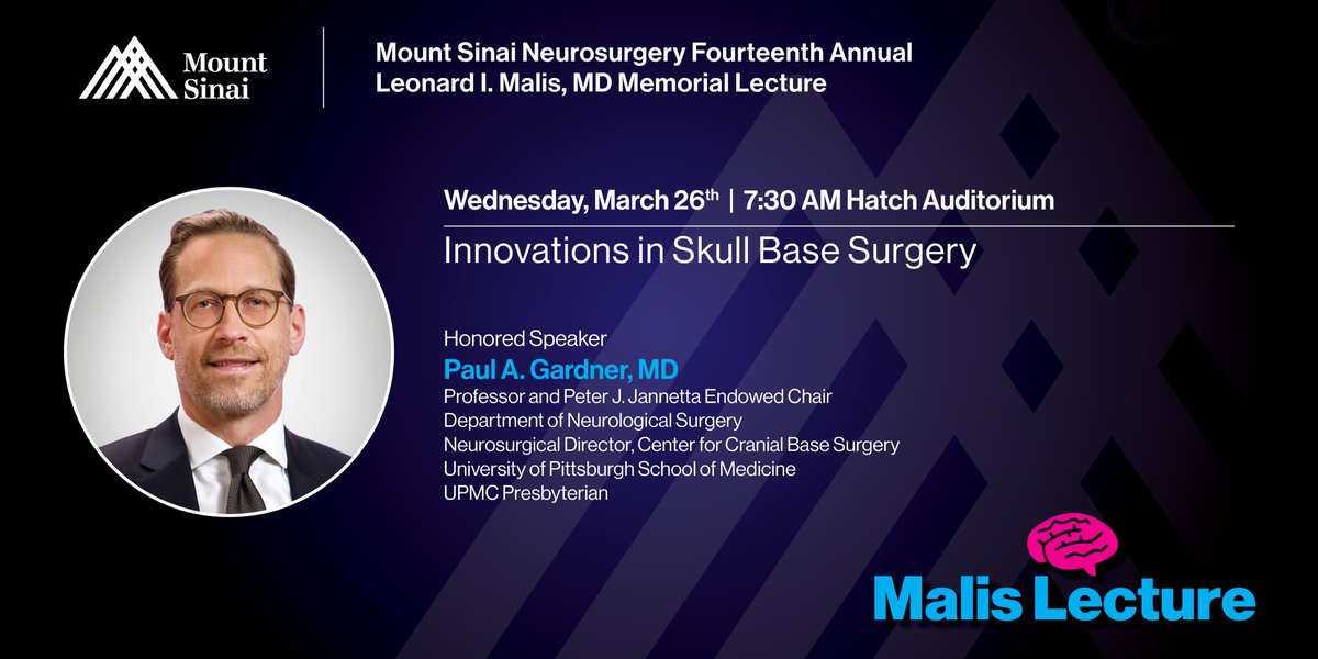 Mount Sinai Neurosurgery (@mountsinaineuro) on Twitter photo We're excited to have Dr. Paul Gardner from <a href="/PittNeurosurg/">Pitt Neurosurgery</a> join <a href="/MountSinaiNeuro/">Mount Sinai Neurosurgery</a> on Wed, March 26 as our 14th Leonard I. Malis, MD Memorial Lecturer! Don't miss his presentation on innovations in #SkullBase surgery. Register: events.mountsinaihealth.org/event/14th-ann… We're excited to have Dr. Paul Gardner from <a href="/PittNeurosurg/">Pitt Neurosurgery</a> join <a href="/MountSinaiNeuro/">Mount Sinai Neurosurgery</a> on Wed, March 26 as our 14th Leonard I. Malis, MD Memorial Lecturer! Don't miss his presentation on innovations in #SkullBase surgery. Register: events.mountsinaihealth.org/event/14th-ann…