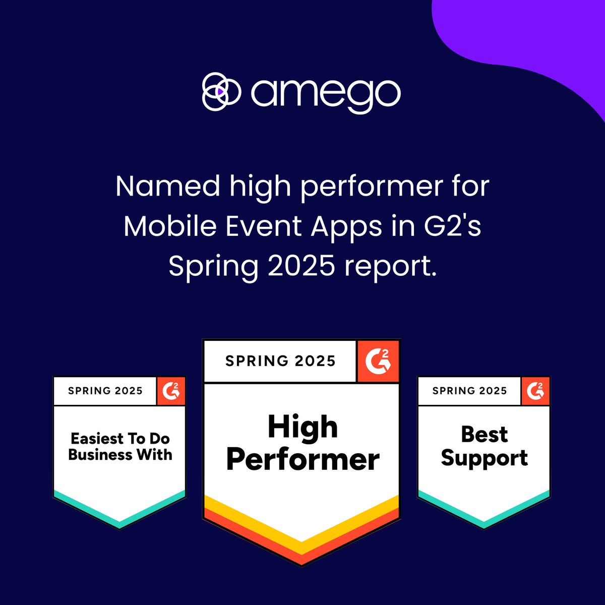 heyamego's tweet image. We did it! 🎉 Amego is a G2 High Performer in Mobile Event Apps for Spring 2025 – and this is just our first season! Transforming event experiences, one app at a time. 📱✨

#EventTechnology #G2HighPerformer