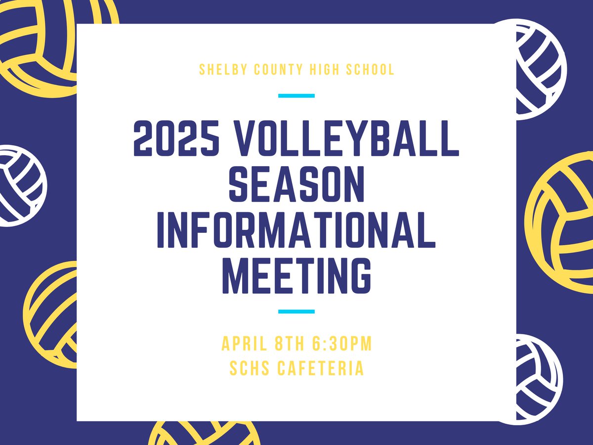 Join Us for the 2025 SCHS Volleyball Season Informational Meeting! 🏐💙💛

This meeting is open to all athletes and parents who want to learn more about tryouts, schedules, expectations, and the upcoming season. Come meet the coaches and ask questions for upcoming season!