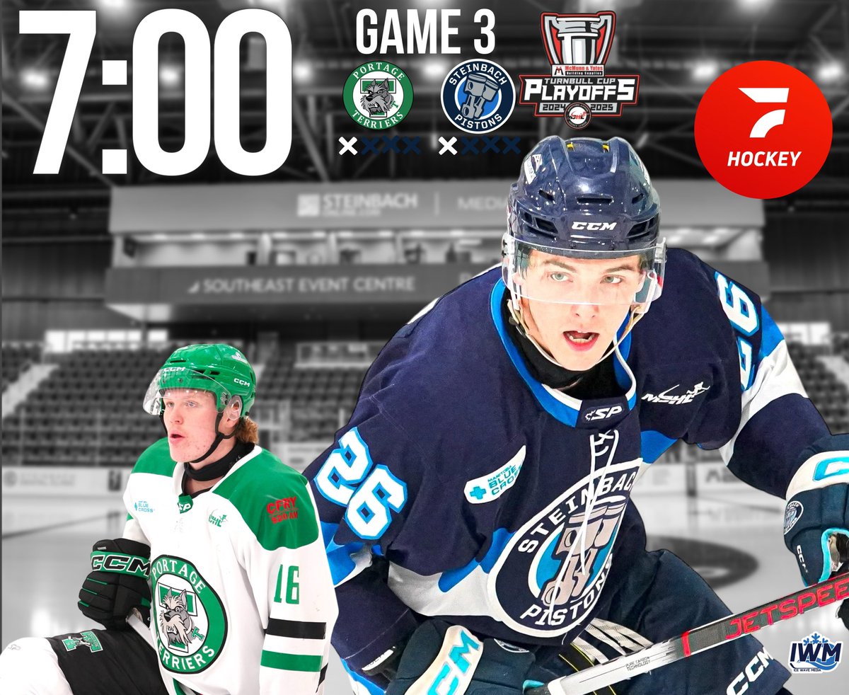 Either head on down to the Southeast Event Centre in Steinbach, or tune into <a href="/FloHockey/">FloHockey</a> for tonight’s #MJHL #TurnbullCupPlayoffs Game 3 between the Portage Terriers &amp; Steinbach Pistons. 

This Round 1 / Best-of-7 Series is tied at 1-1.