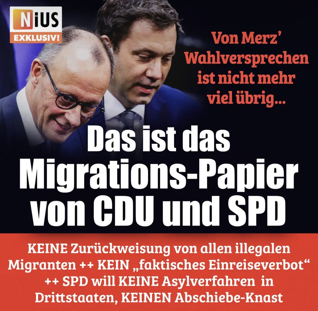 jreichelt's tweet image. 🚨BREAKING NIUS: Es ist DAS Streitthema zwischen CDU und SPD – die illegale Migration. NIUS liegt das Verhandlungspapier der Parteien vor. Klar ist: Von Merz' wichtigsten Wahlversprechen, seinem 5-Punkte-Plan ist so gut wie nichts mehr übrig. Selbst wenn die ungeeinten Passagen…