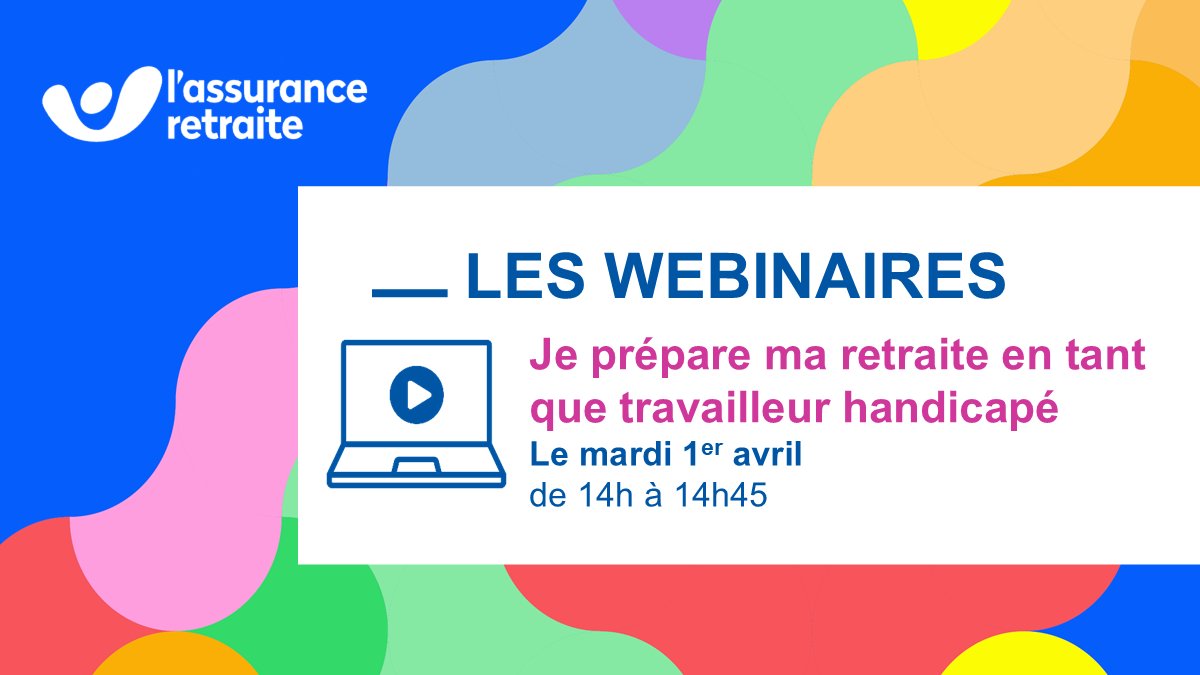 📅 #LAssuranceRetraite organise le 01/04 le webinaire « Préparer ma retraite en tant que travailleur handicapé ». Démarches, trimestres, prise en compte… pour s’inscrire et en savoir plus 👉 bit.ly/420U6nl
#Retraite #Handicap