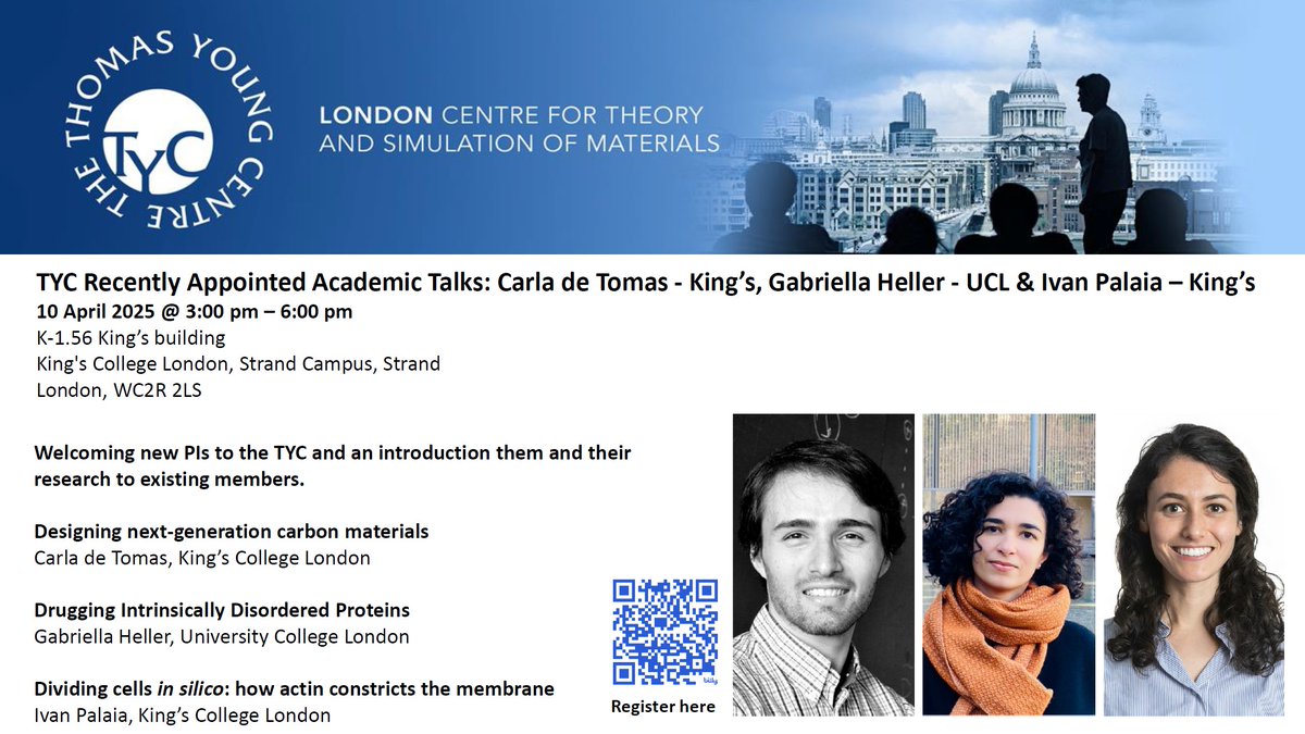 jm_tomczak's tweet image. 📢 TYC Recently Appointed Academics Talks on 10 April with Carla de Tomas, Gabi Heller @G_T_Heller and Ivan Palaia @IvnPla. Organised by @tyc_london, hosted by King's Physics @KingsNMES.
Register here 👉thomasyoungcentre.org/event/tyc-rece…