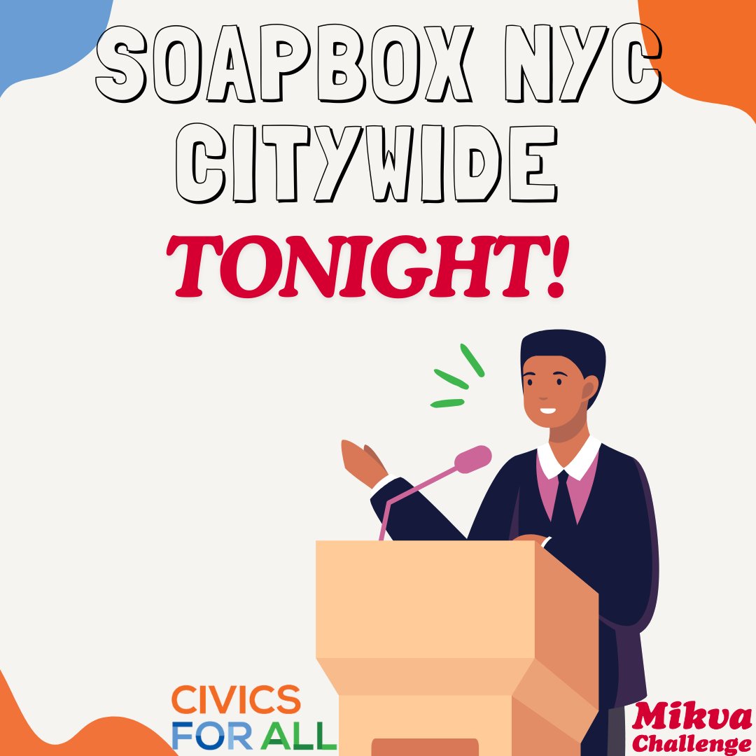 Jenna Ryall (@civics_for_all) on Twitter photo SoapboxNYC Citywide is tonight! SoapboxNYC is a student public speaking initiative put on by CFA and <a href="/MikvaChallenge/">Mikva Challenge</a> that calls on young people to develop and deliver an original speech on an issue that matters to them. We can't wait to celebrate student voice this evening! 🎉 SoapboxNYC Citywide is tonight! SoapboxNYC is a student public speaking initiative put on by CFA and <a href="/MikvaChallenge/">Mikva Challenge</a> that calls on young people to develop and deliver an original speech on an issue that matters to them. We can't wait to celebrate student voice this evening! 🎉